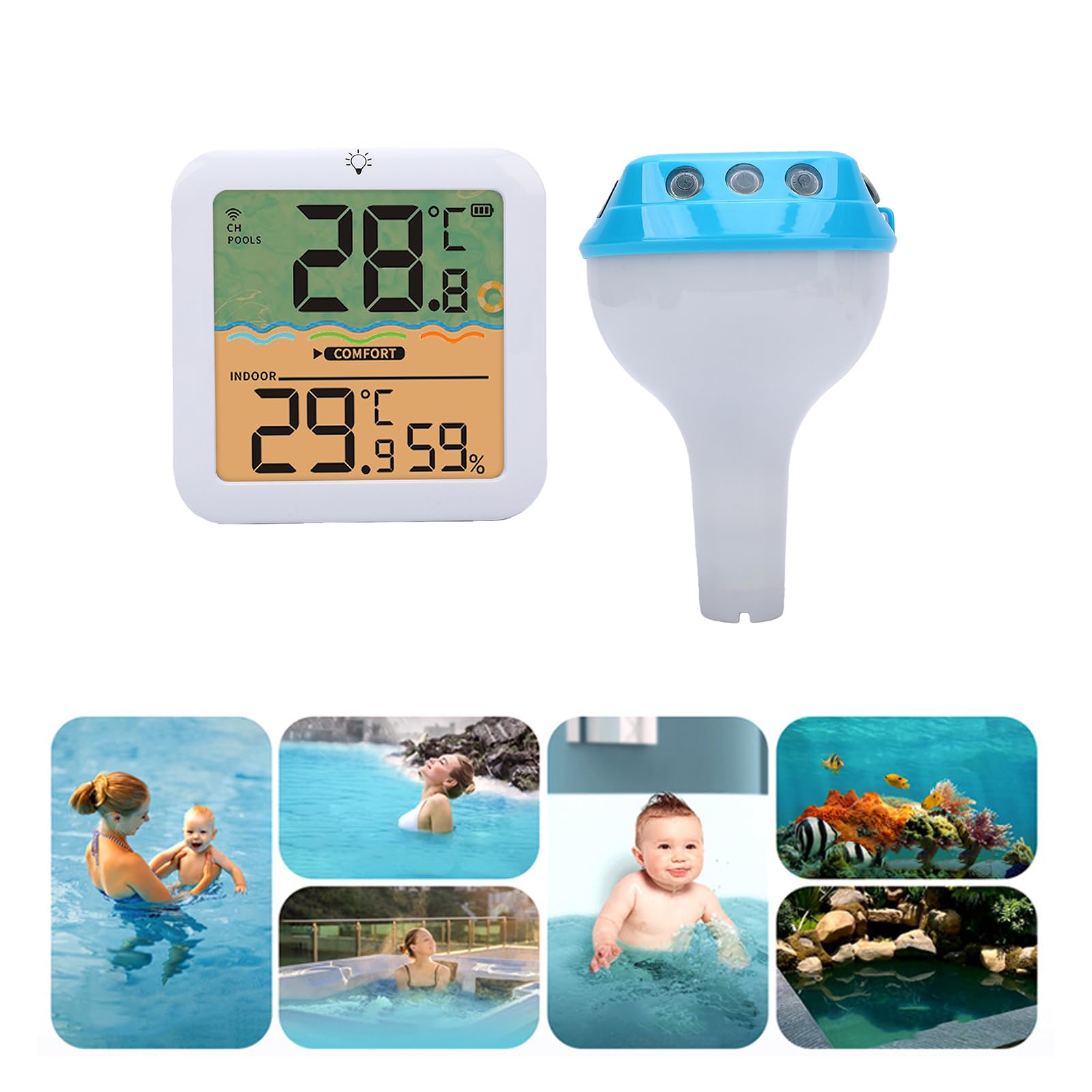 Diyeeni Termómetro Solar Digital para Piscina, Termómetro de Agua Flotante con Luz RGB con Energía Solar y Pantalla Digital Clara para Monitoreo de Humedad en Tiempo Real en Interiores y (azul marino)