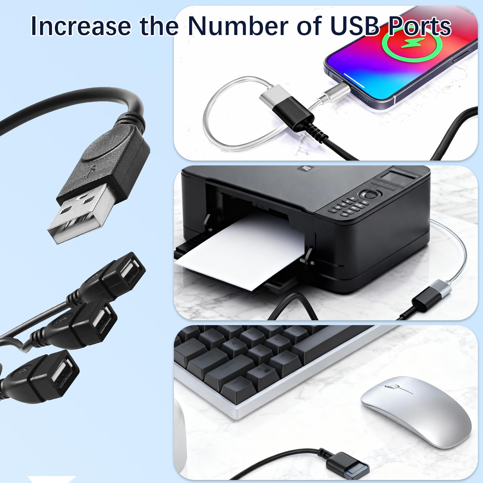 Répartiteur USB 1 entrée 3 sorties (3 m), USB A mâle vers 3 femelles USB Y câble répartiteur USB A 2.0 portable pour chargement, transfert de données, ordinateur portable/PC/voiture/clavier