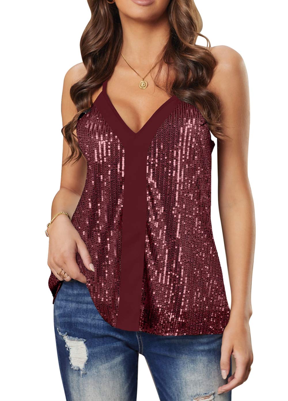 lime flare Women Sexy Sparkle All Over Sequin Cami Tank Tops