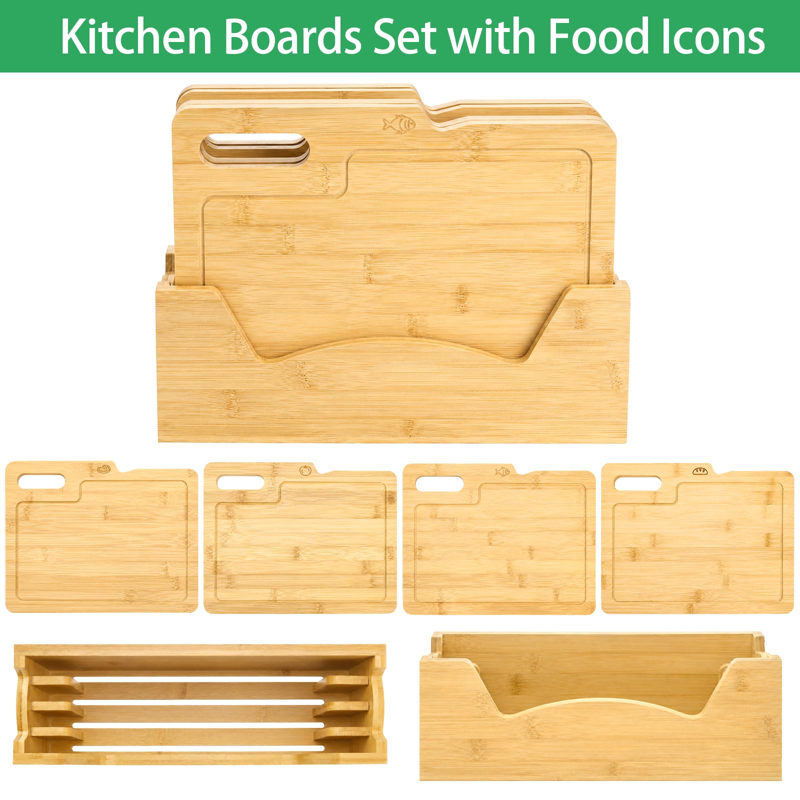 ZENFUN Set di 4 taglieri in bambù con supporto, set di taglieri in legno, set di taglieri con icone alimentari, tagliere da cucina ideale per carne, pesce, pane, verdura, frutta