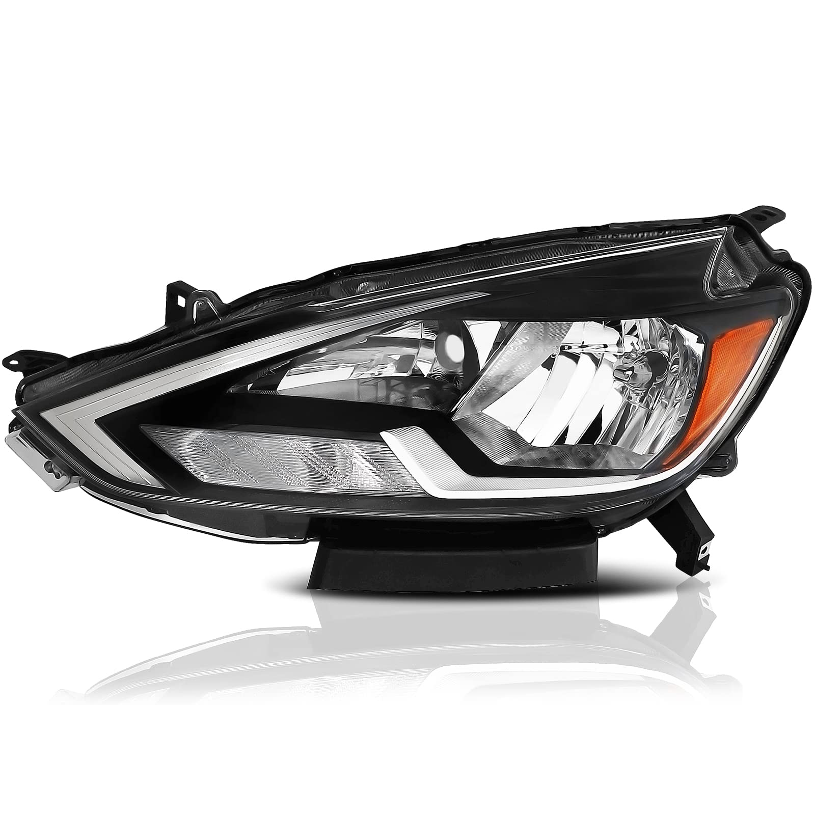 Photo 1 of Genful Headlight Assembly Compatible With 16 2016 Nissan Sentra 17 2017 Nissan Sentra 18 2018 Nissan Sentra 19 2019 Nissan Sentra Halogen Type Headlamp Left Side (Chrome Housing Amber Reflector) Chrome Housing Amber Reflector - L