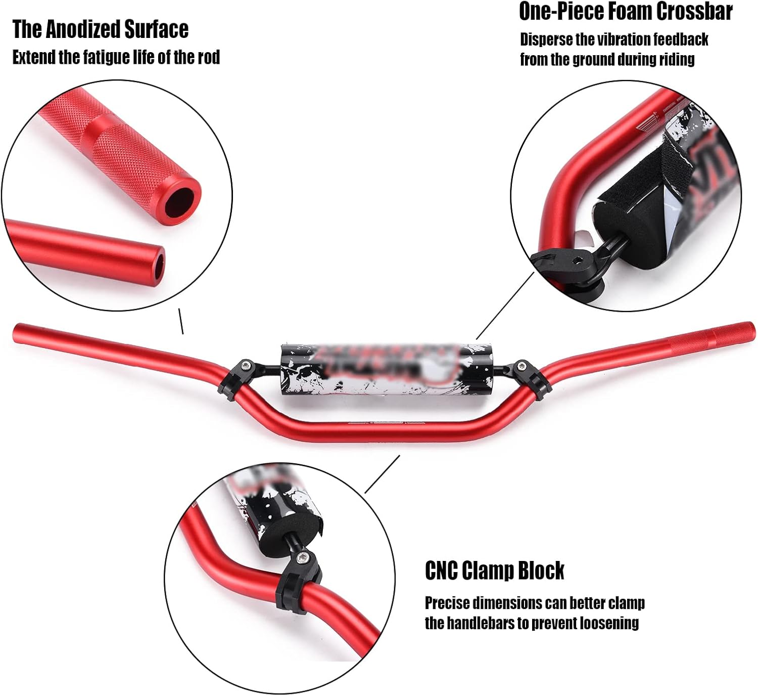 TRAVERSE 7/8" Handlebars 4 Pcs, Cold-Forged Cross Bar Off-Road Motorcycle Handlebars Tubes with Foam Pad and Rubber Grips for CRF YZF KXF KLX RMZ DRZ Pit Dirt Bike Motocross (Red)