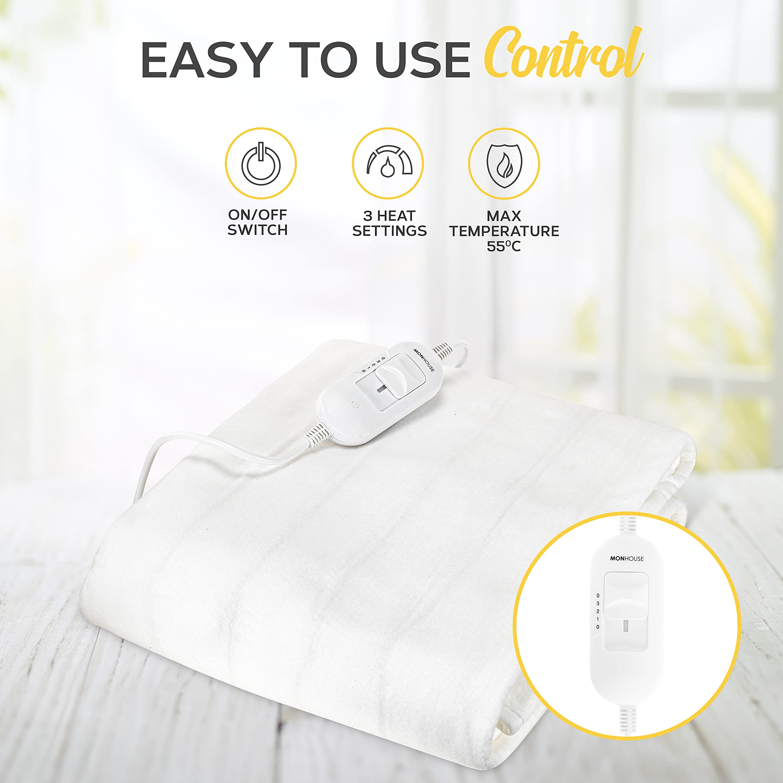 MONHOUSE Premium Soft Fleece Electric Blanket - Heated Under Blanket - Heated  Mattress Cover - Detachable Controller u0026 Machine Washable - 3 Heat Settings  - King Size 137x165cm - White : Amazon.co.uk: Home u0026 Kitchen