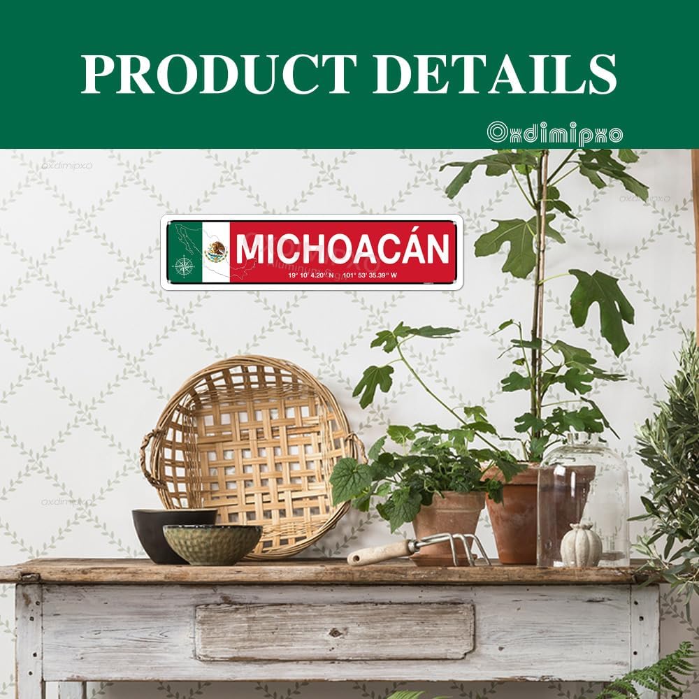 Michoacán Mexico - Mexican Flag Metal Sign, Novelty Aluminum Street Signs 4x16 Inch Slim Wall Art, Coffee Restaurant Bar Decorations, Farmhouse/Home/Kitchen/Office/Man Cave/Pub Room Décor image 2