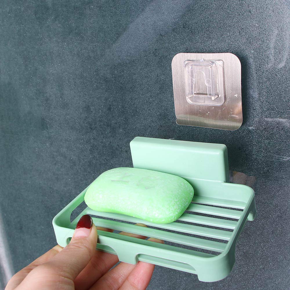 MADHURAM (Label) Adhesive Sticker Plastic Drain Soap Dish Box with Water Draining Tray Sponge Holder (13.5 X 8 X 6 cm, Random Colour) - Pack of 3