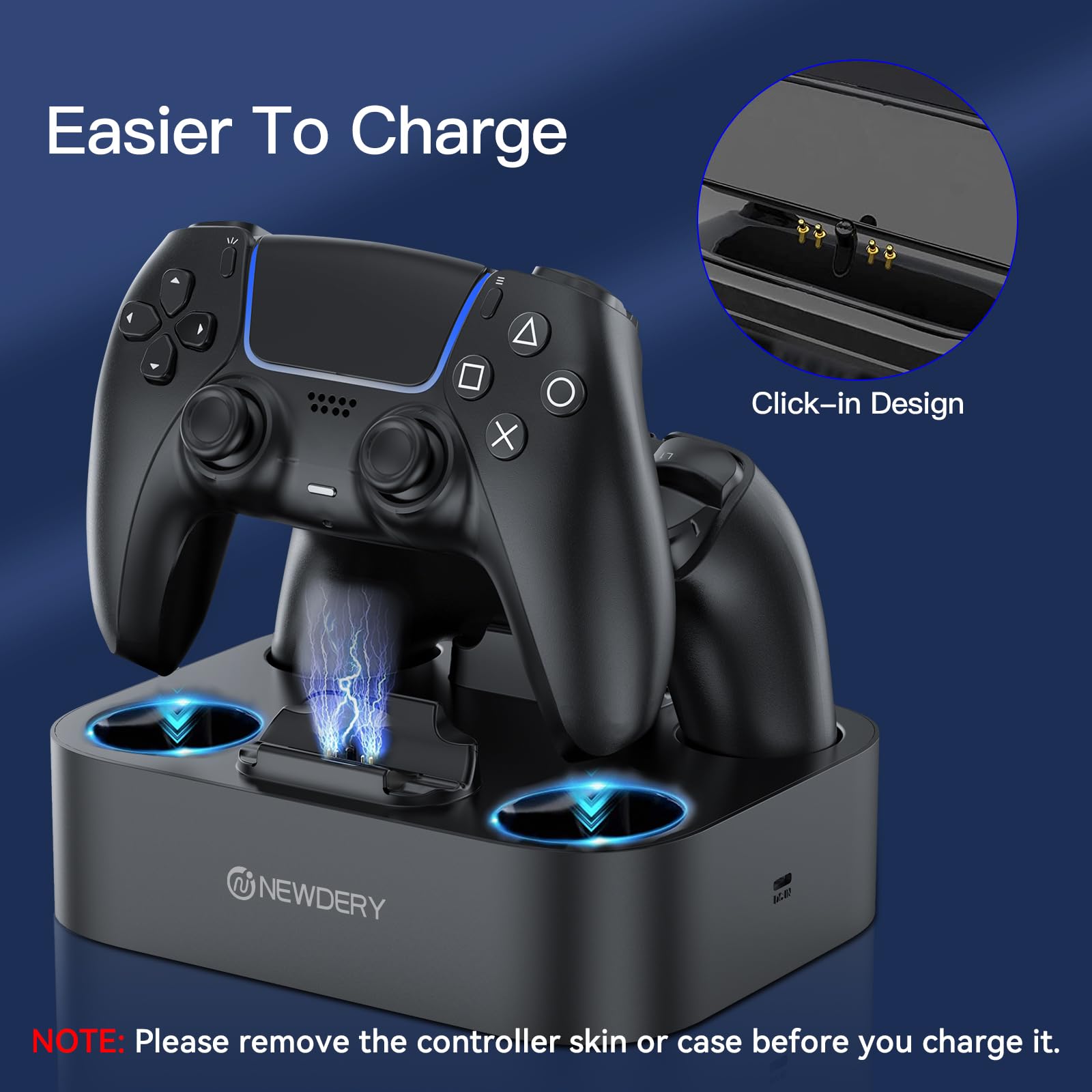 NEWDERY Station de Charge pour Manette de PS5, Station de Charge Rapide avec câble de Charge de 2 m pour manettes PlayStation 5 (Noir)