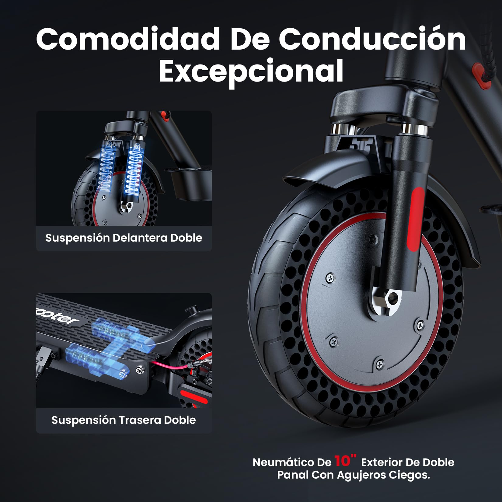 iScooter 10" Patinete Eléctrico Adultos Homologado DGT, 500W Motor, Autonomía De 30-40 KM, Máxima 25KM/H, Bocina, Timbre, Intermitentes, App, Frenado Doble, Plegable, Carga 120 KG, Bloqueo/Desbloqueo