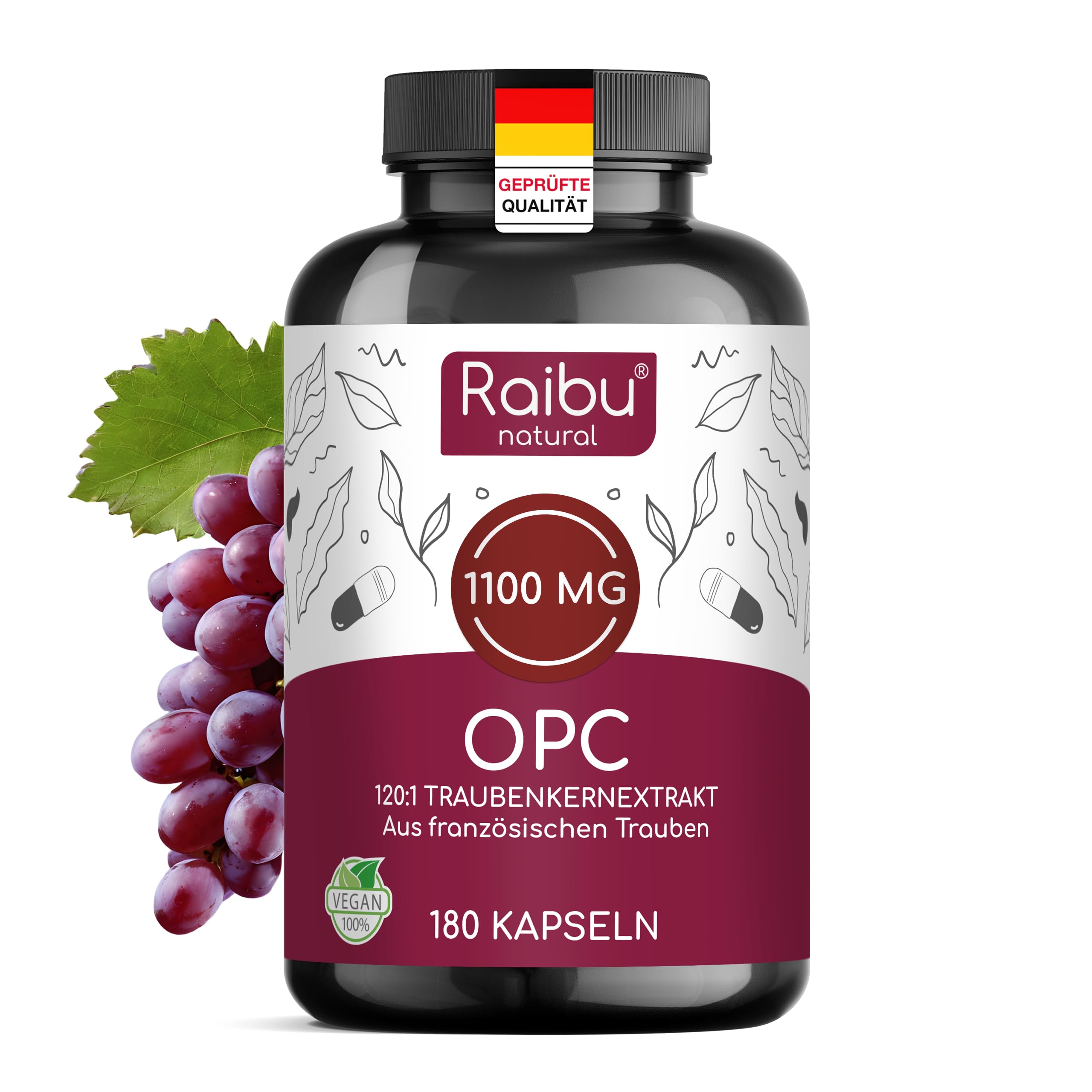 RAIBU OPC Traubenkernextrakt Hochdosiert - 1100 mg pro Tag, 180 Kapseln