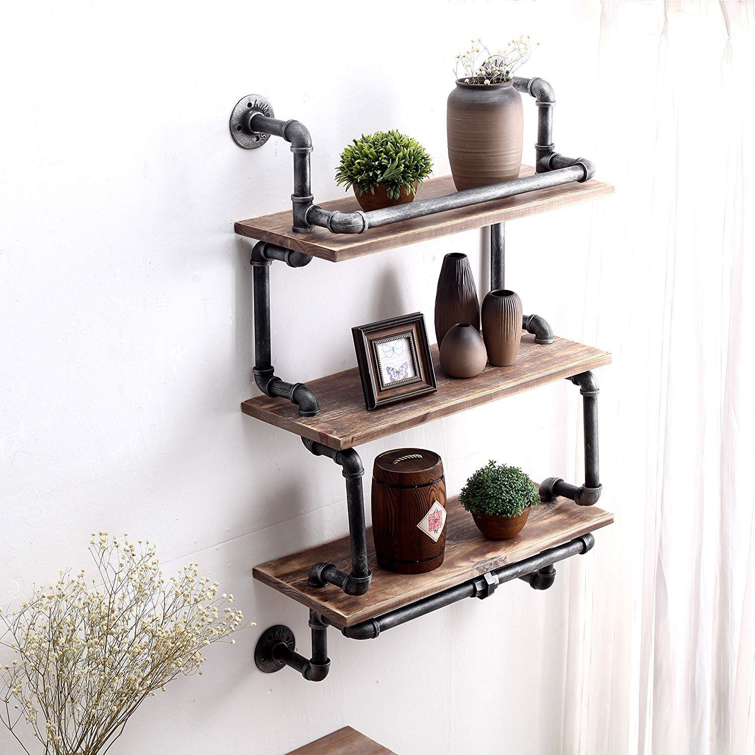Amazon｜棚 3段 工業用パイプ壁 ビンテージ 素朴な鉄パイプ 壁取り付け