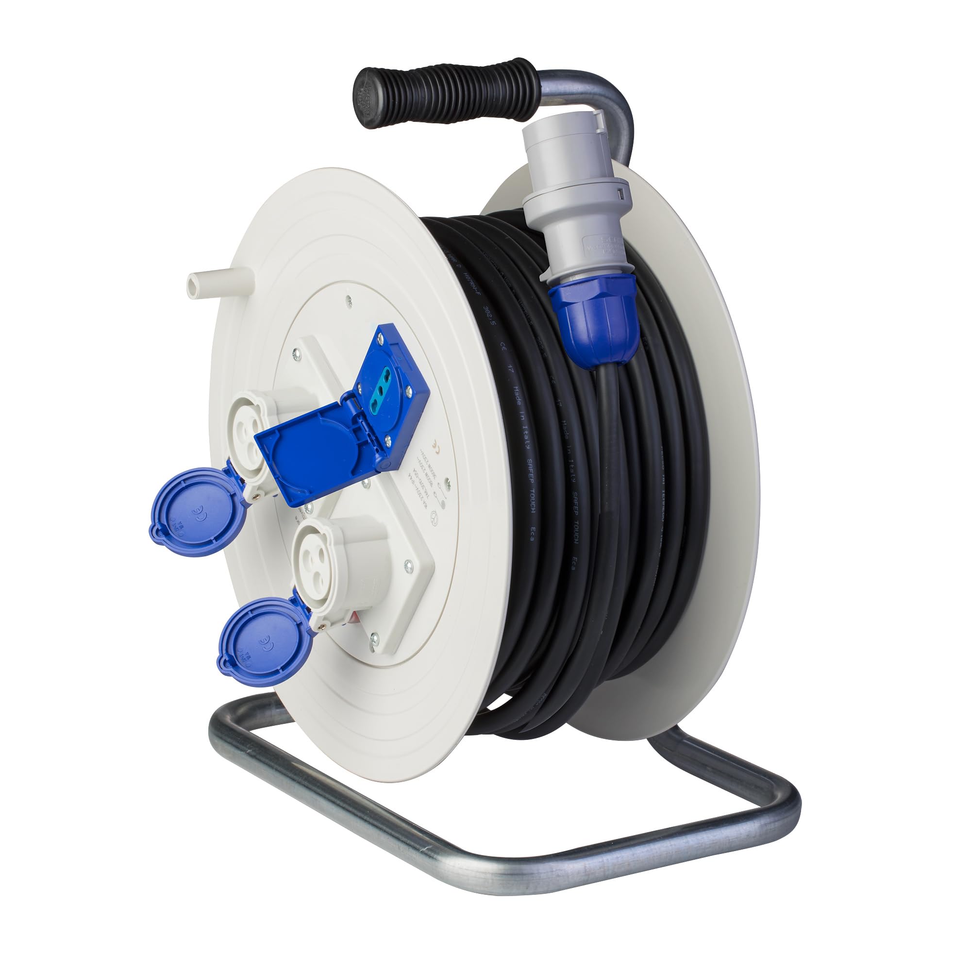 POLY POOL | PP0715 Avvolgicavo Elettrico 230 400V Prolunga Elettrica 30 metri, Bobina Avvolgicavo, Spina Industriale CEE 16 A Avvolgibile 3 Prese 1 Pluristandard e 2 CEE con Disgiuntore