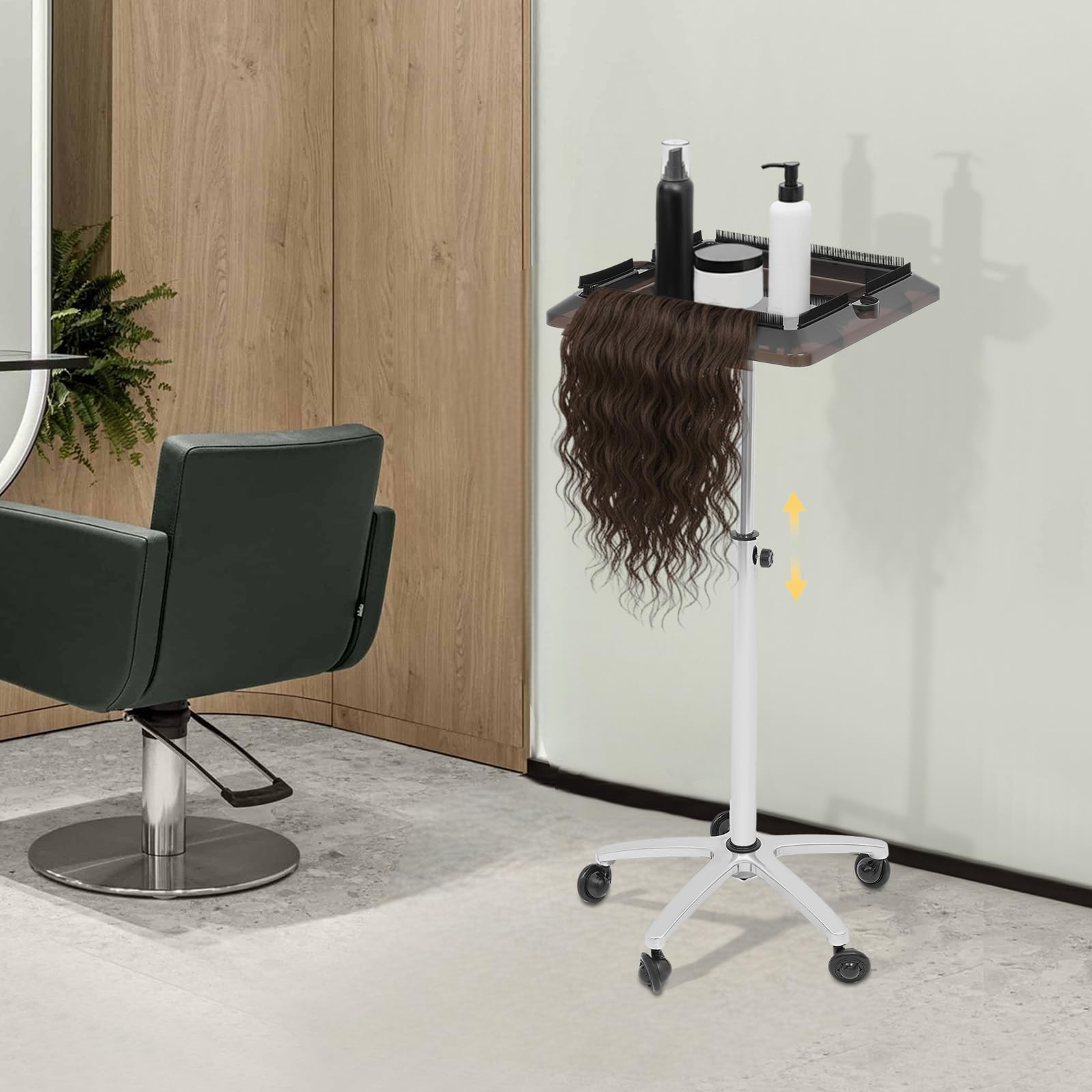 Carrito de Peluquería con Ruedas Altura Ajustable 70-110cm Bandeja para Pelucas y Herramientas Carrito de Salón Rodante con 5 Ruedas Suaves Peluquería Soporte de Peluquería Desmontable