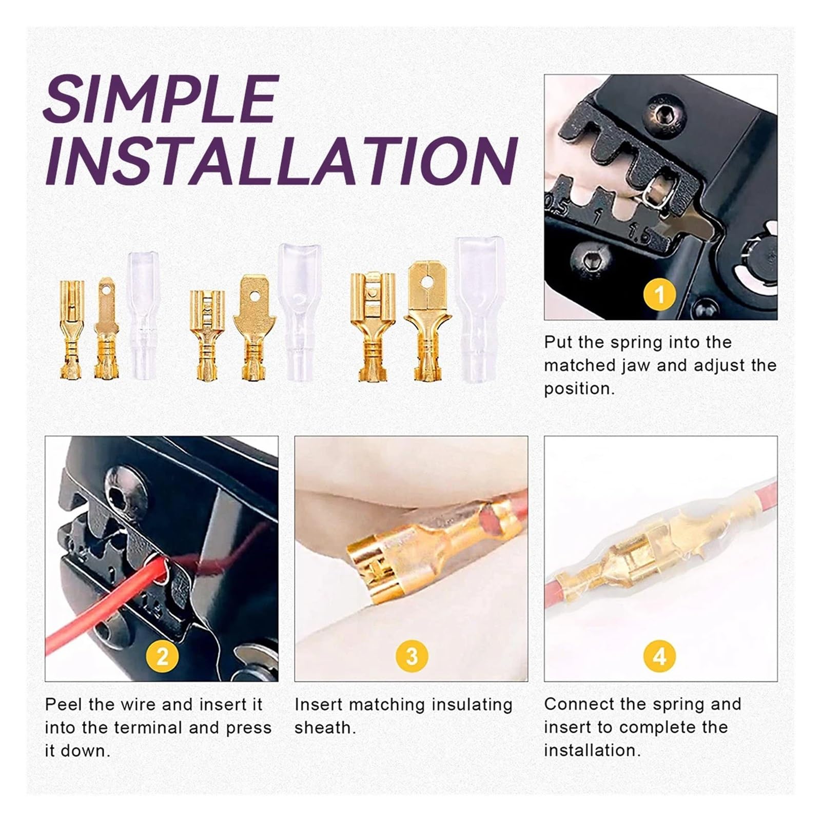 900Pcs Gold 2.8/4.8/6.3mm Male and Female Spade Quick Connectors Wire Crimp Terminal Block with Insulating Sleeve for Electrical(1000PCS)