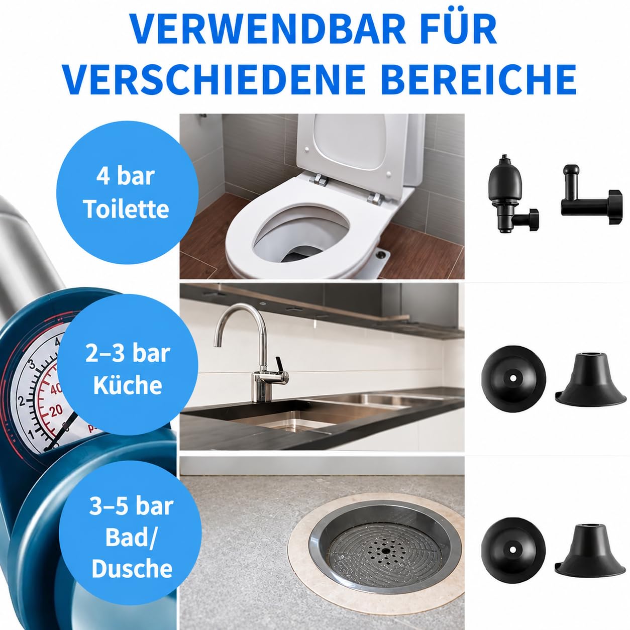 Professioneller Luftdruck Pumpe Entstopfen - 4 Entstopfungsköpfe - WC Waschbecken Abfluss Kanalisation - Edelstahl - 0-8 Bar