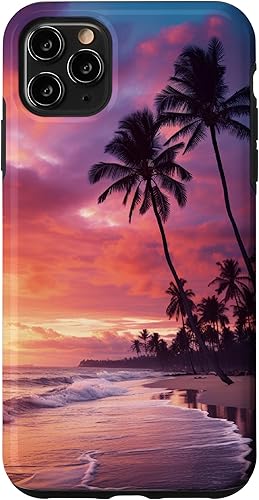 Funda para iPhone 11 Pro Max Purple Sunset Beach Palm Trees Tropical Ombre Sky Paradise
