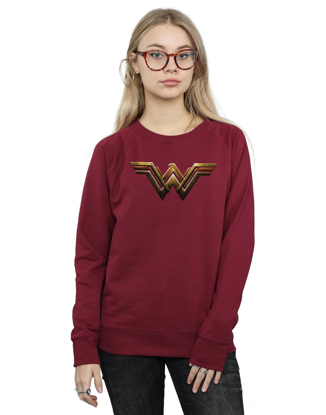 DC Comics Women's Justice League Movie Wonder Woman Emblem Sweatshirt Small Burgundy