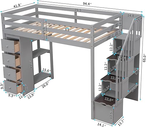 Miniatura 3 de Hlcodca Cama tipo loft moderna con cajones de almacenamiento y escaleras cama tipo loft de madera de tamaño individual con estantes y barandillas