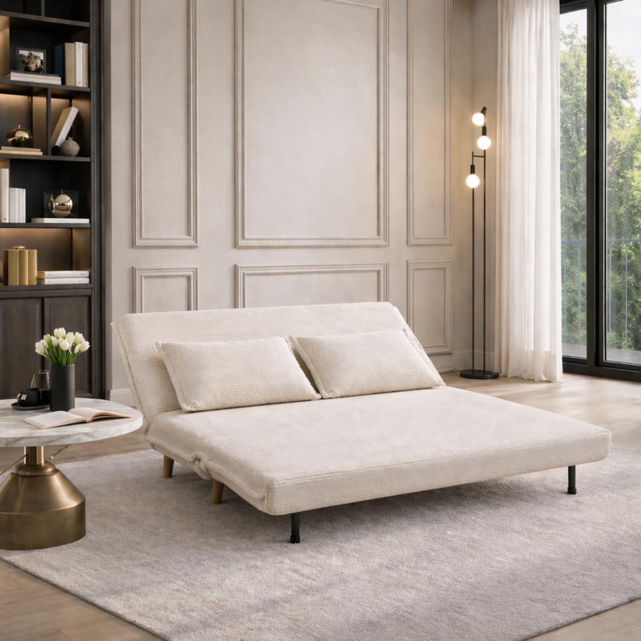 EVERGREENWEB Divano Letto Trasformabile in Letto Matrimoniale 160x190 con Materasso e Coppia Cuscini Imbottiti, Divanetto Clic Clac con Schienale Regolabile 3 Posti con Gambe in Legno, Bianco | VELVET