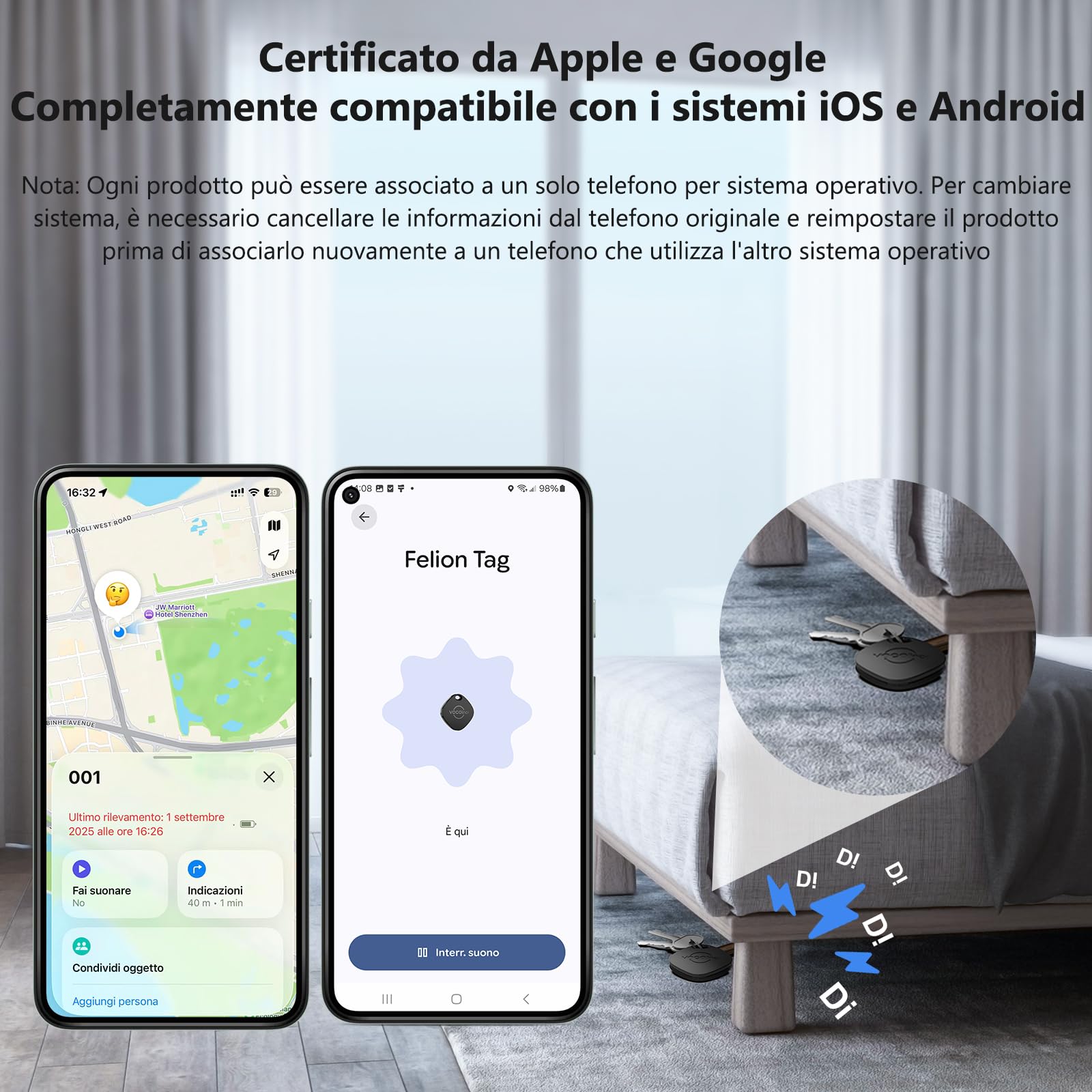 VOCOlinc Smart Tag Tracker Compatibile con Android Google Funzioni Trova o iOS Apple Dov'è App, Bluetooth Localizzatore per Chiavi/Portafoglio/Bagaglio/Zaino Borsa, 2 Pezzi Nero