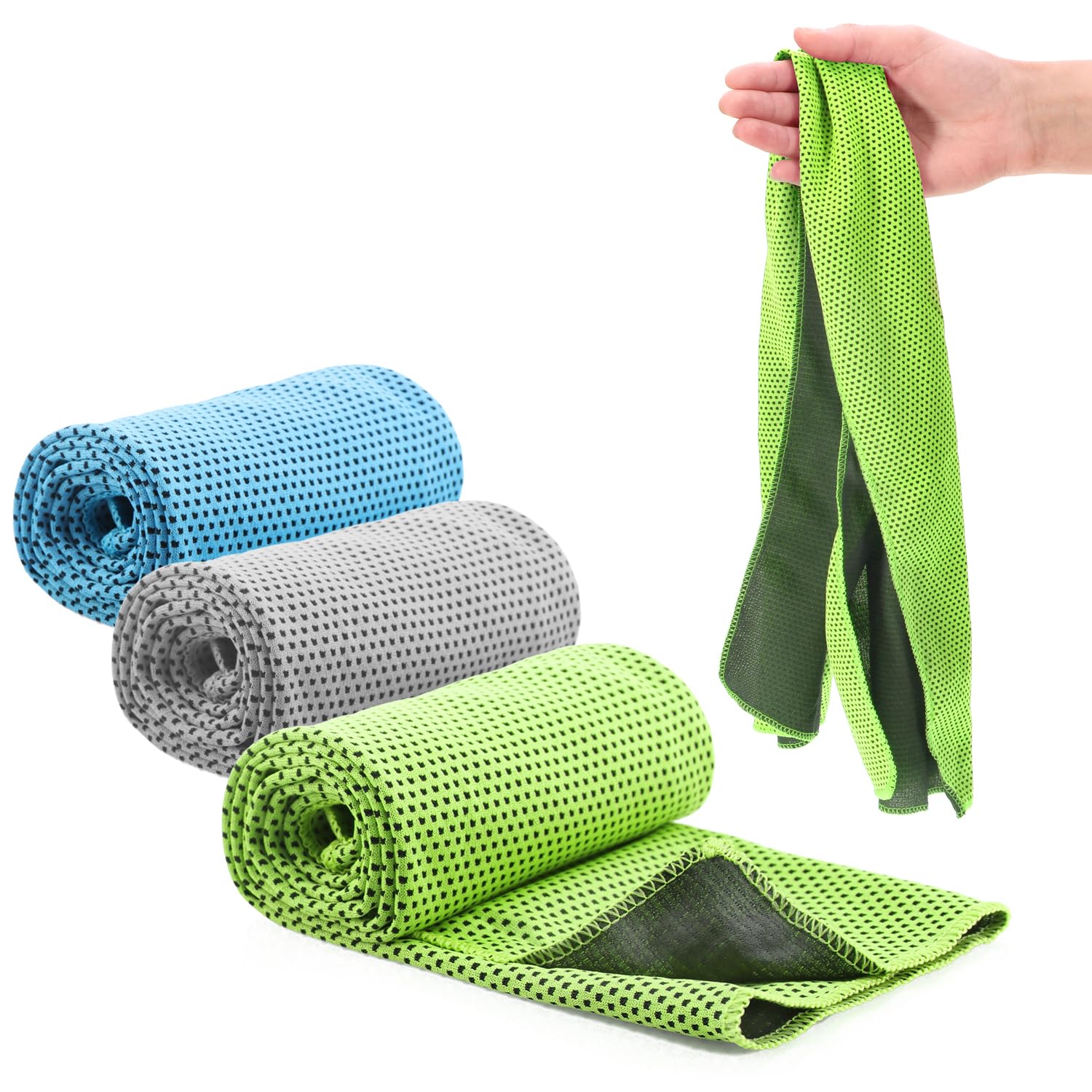 com-four® 3X Asciugamano rinfrescante - Asciugamano rinfrescante per Calore, Stanchezza, Sforzo, Sport (3X Panno - Blu/Verde/Grigio)