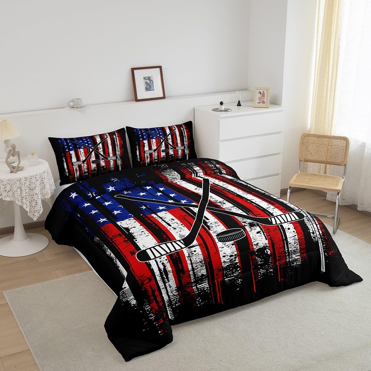 Manfei Ice Hockey Comforter Set Full Size, American Flag Print Bedding Set 3pcs for Kids Boys Teens Room Decor, Hockey Sports Gaming Theme Down Comforter with 2 Pillowcases, No Sheets