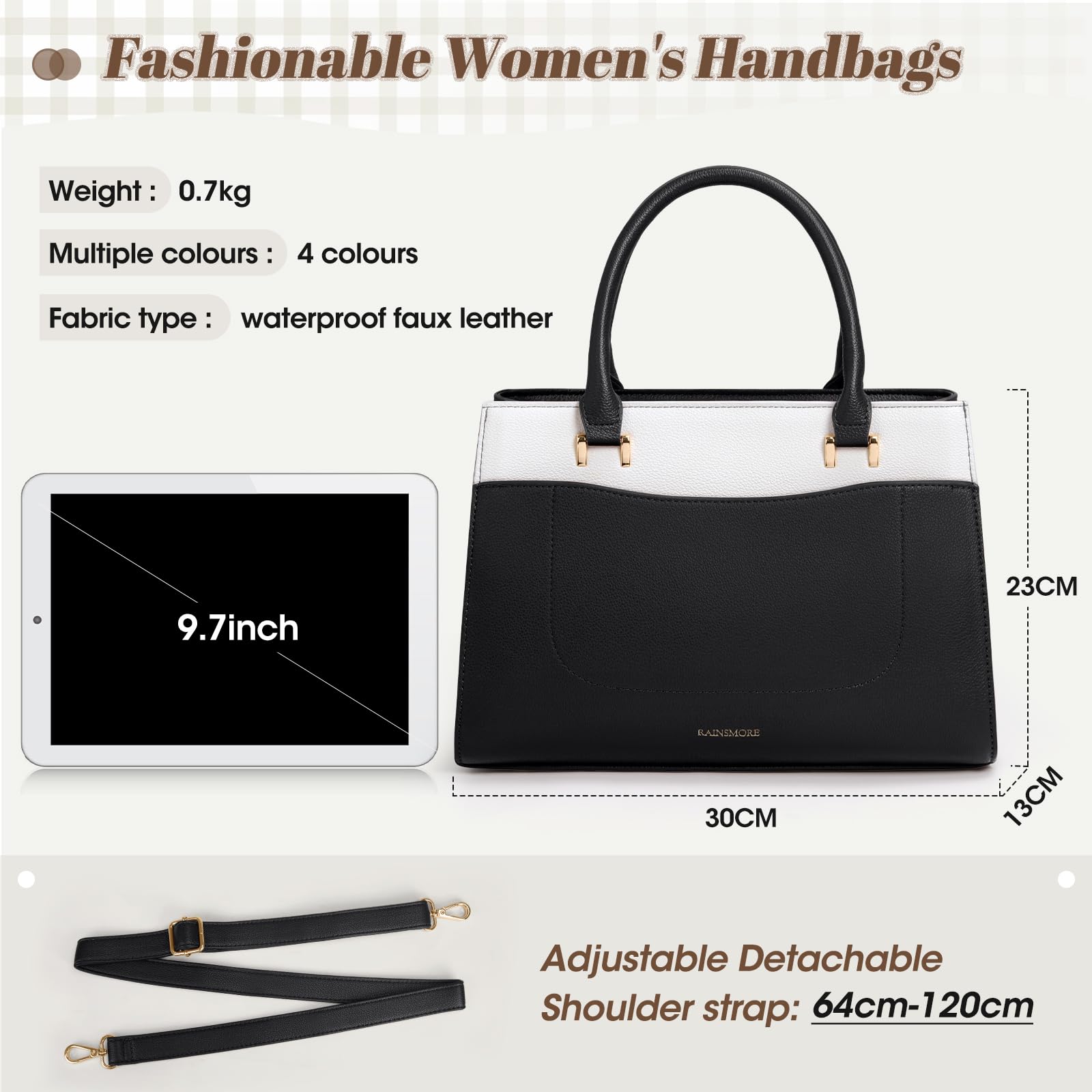 RAINSMORE Borsa Donna Borsa Mano Donna in Pelle Borse Borsetta Impermeabile Borsa Tracolla Media Molte Tasche Scomparti per Lavoro Università