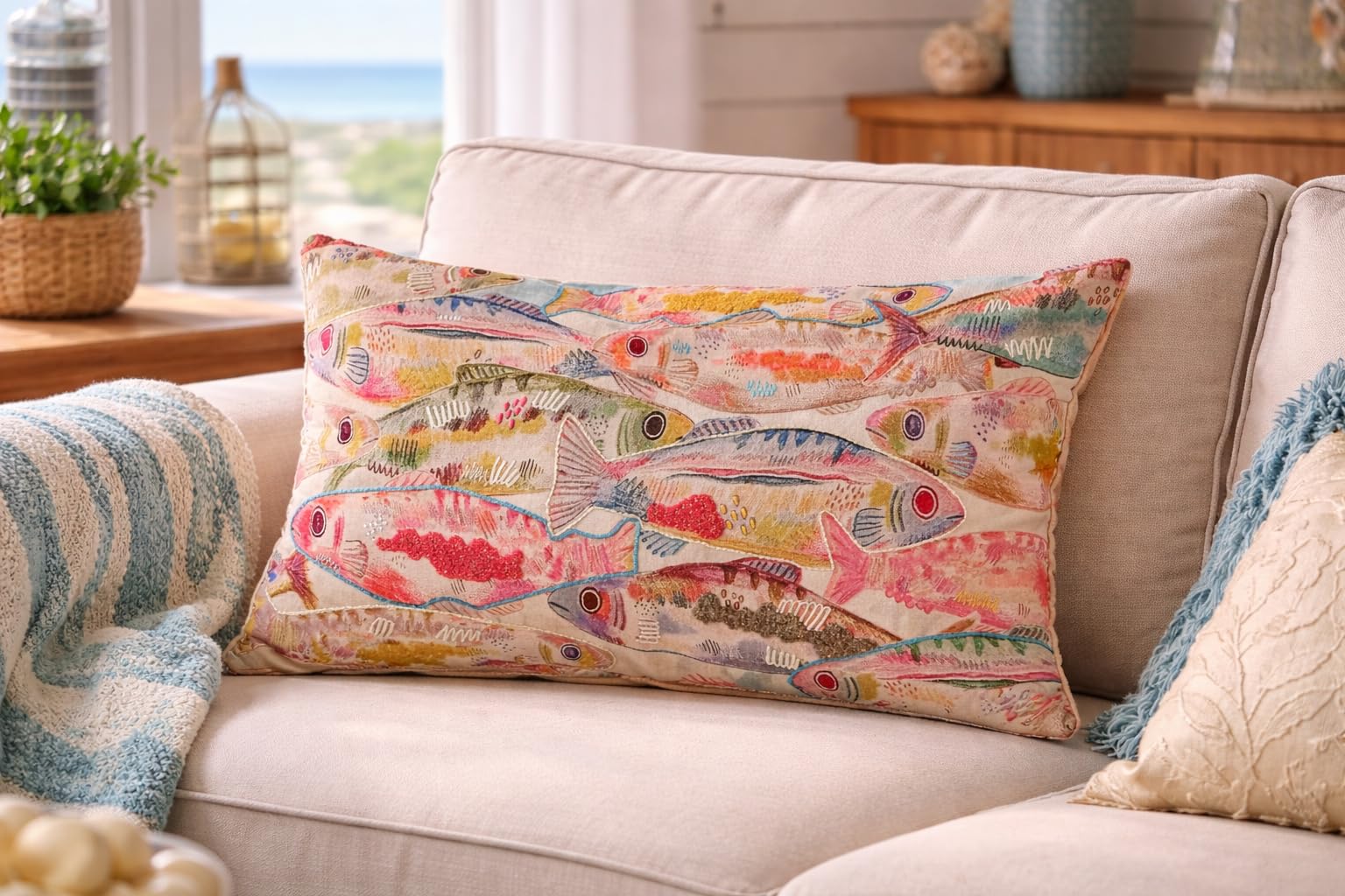 MF Marina Fino Dekokissen mit Fischmotiv, Rechteckig, Baumwolle Handgewebt, Blau Pink Cremeweiß, 60x40 cm, Abnehmbarer Bezug mit Reißverschluss Fischschwarm Fische
