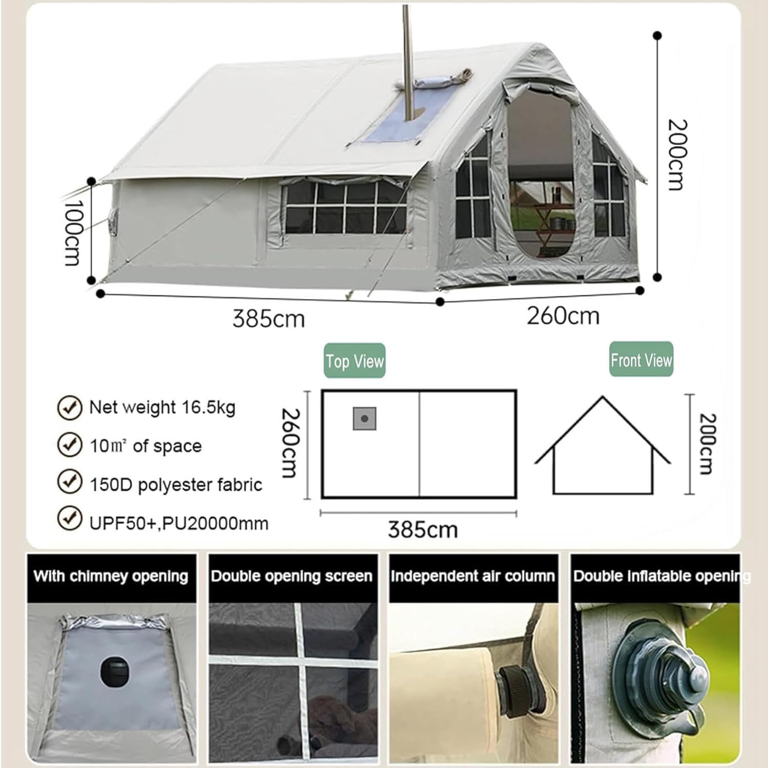 Tente gonflable pour 8 personnes, installation rapide, tente de camping d'extérieur avec cheminée et lucarne, grande tente familiale