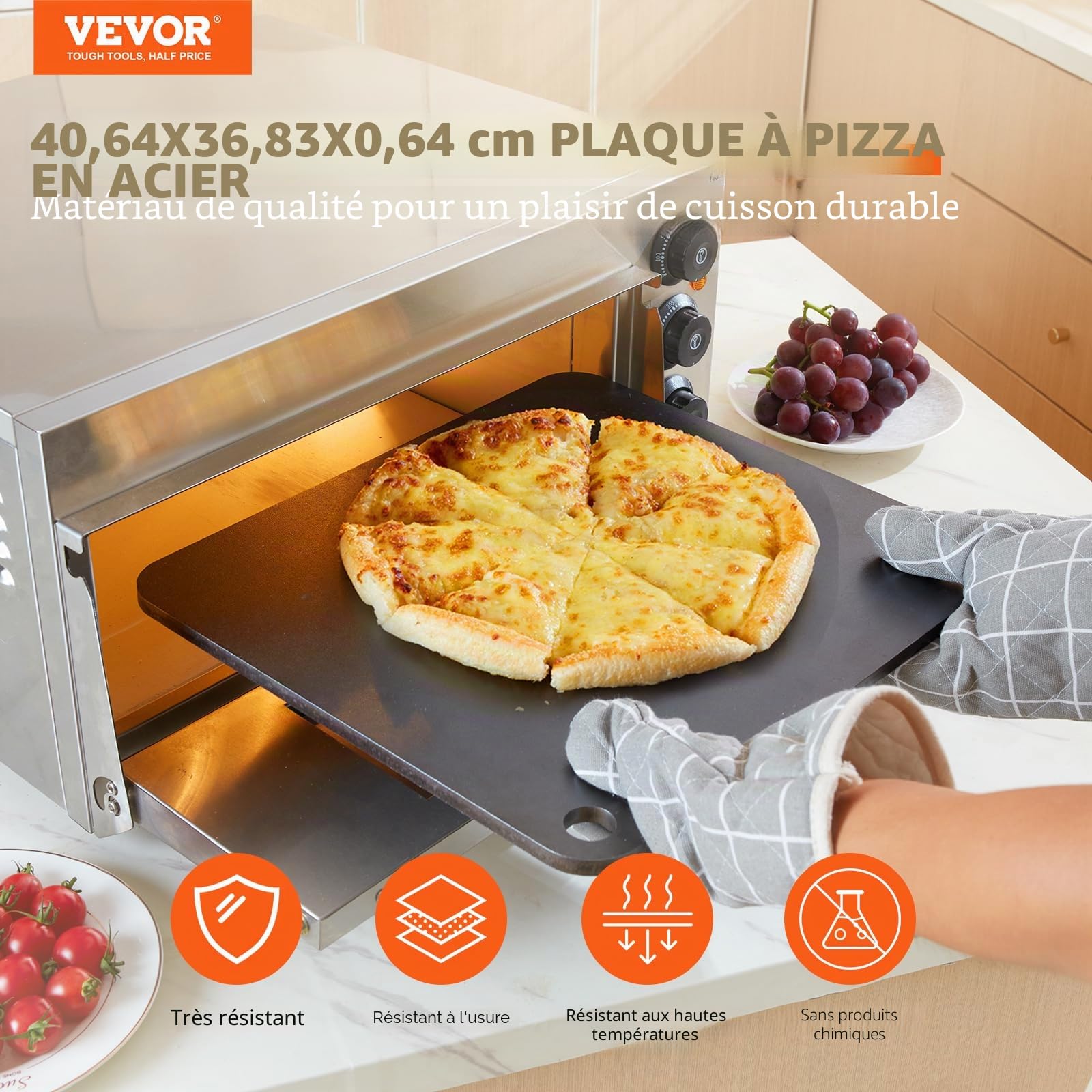 VEVOR Pierre à Pizza 406 x 368 x 6 mm Plaque à Pizza pour Four Pré-assaisonnée en Acier au Carbone Plat à Pizza Croustillante Rectangulaire pour Pizza Fraîche ou Surgelée/Pain/Steak/Légumes Barbecue