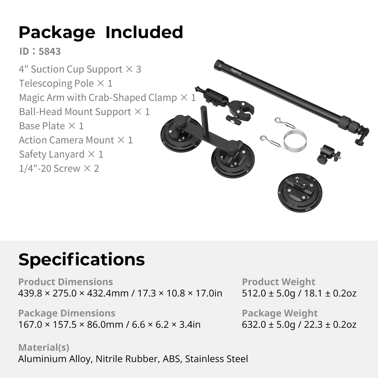SMALLRIG Autohalterung für Insta360 X5/X4/X3, für DJI OSMO 360 / Action, für GoPro, Triple-Saugnapf-Halterung Kit mit 120 cm teleskopischem Selfie-Stick, Kugelkopf, Magic Arm Klemme, Adapter- 5843