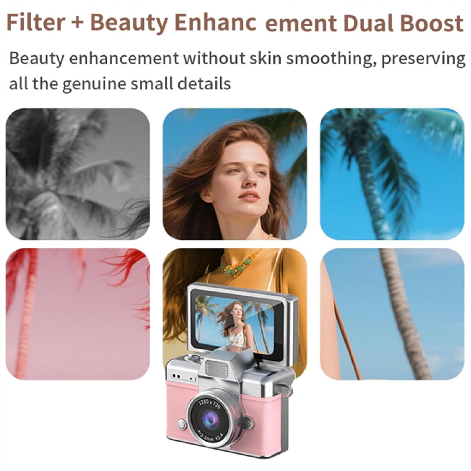 Mini Fotocamera Digitale Con Schermo Lcd Da 1,47 Pollici, Fotocamera Digitale Retrò Impermeabile Con Display Ribaltabile E Risoluzione 1080p, Fotocamera Tascabile Portatile E Compatta(Pink,32G)
