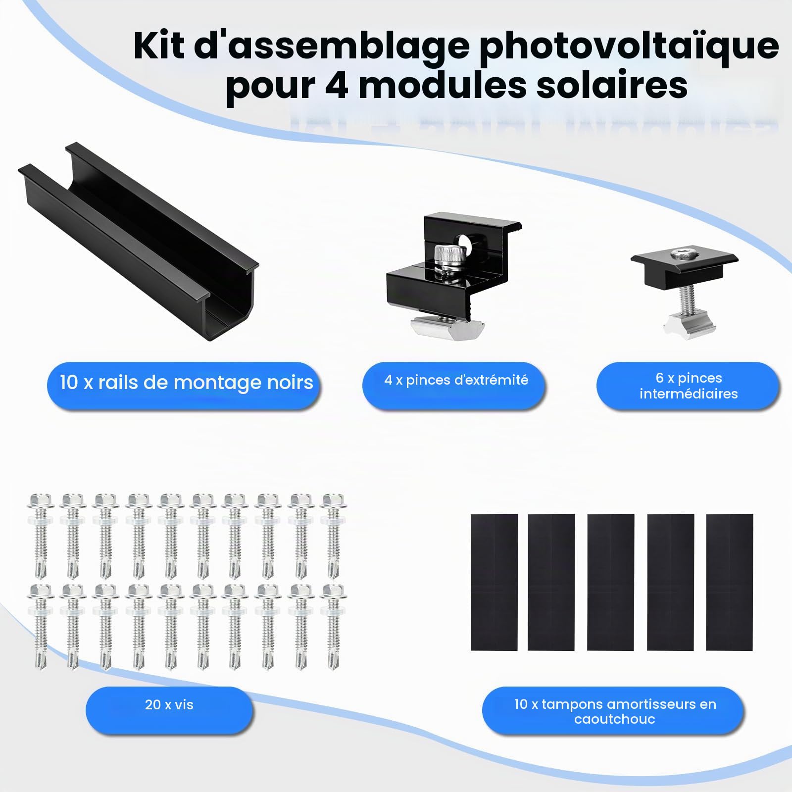 Kit de montage pour 4 panneaux solaires | Rail noir 12 cm + pince réglable | Rail noir 12cm+pince réglable pour épaisseur 30-35mm|Support aluminium pour toit plat, tôle trapézoïdale, toiture métallique