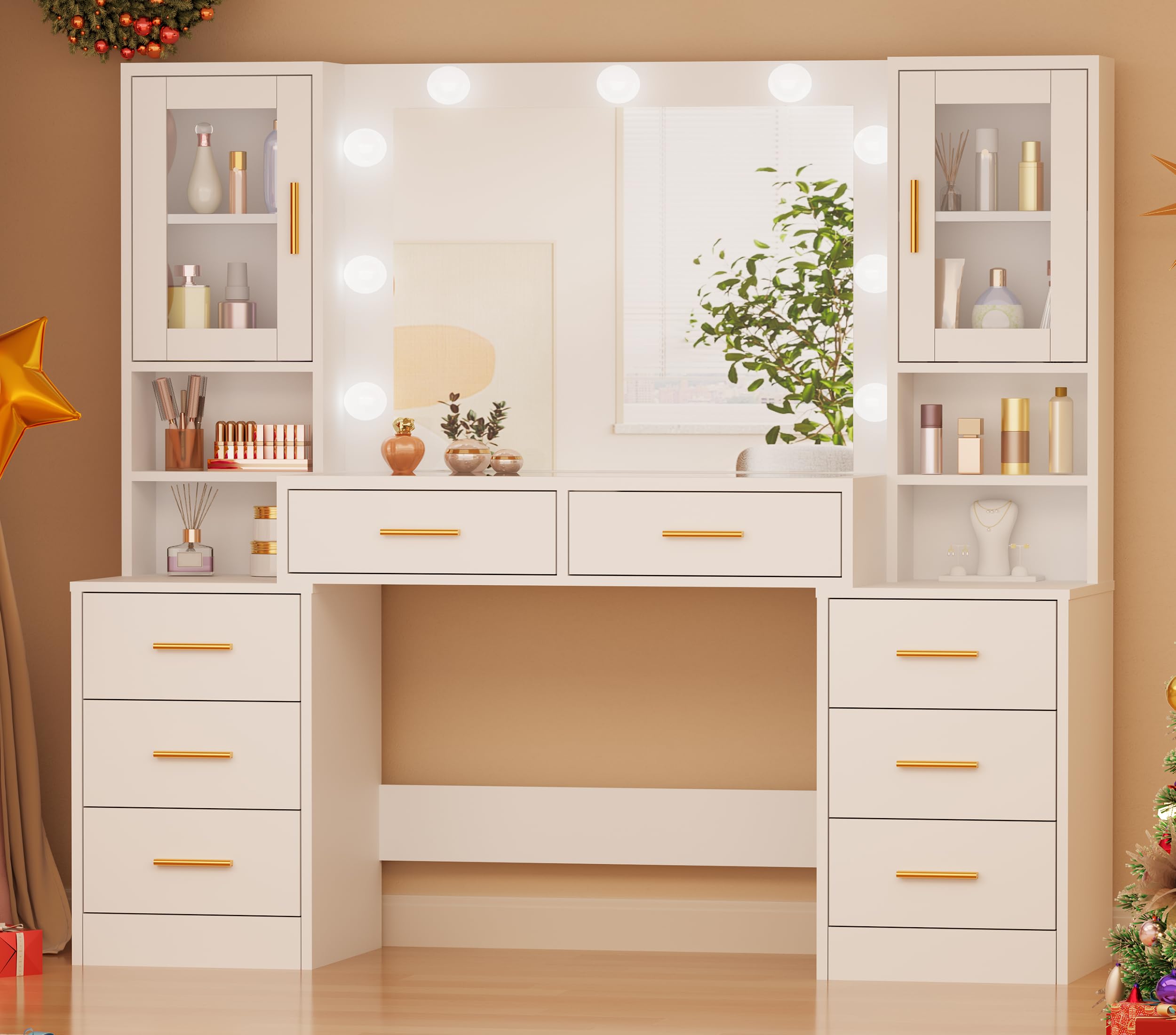 BEWISHOME Grande Toeletta Trucco con Luci LED, luminosità Regolabile, Toletta da Trucco con Specchio, Postazione Trucco con 8 Cassetti, Toeletta con Ripiani Aperti Moderno Bianco EFST37W