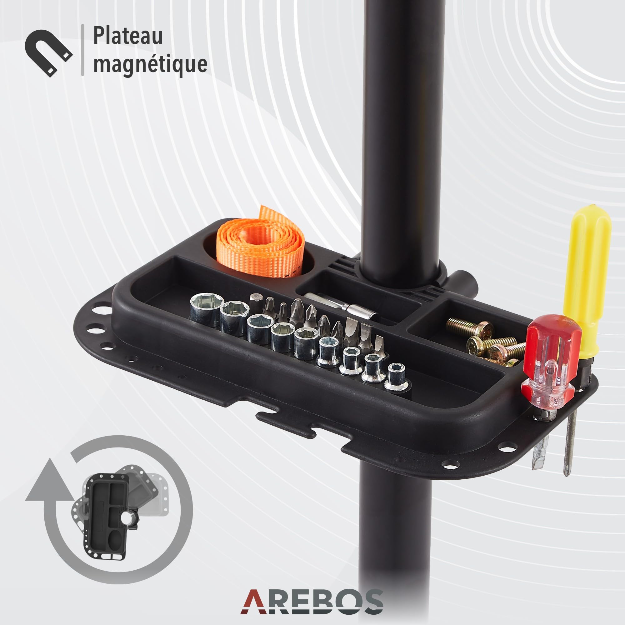 AREBOS Support de Montage Professionnel pour Vélo | Pour VTT et Vélo Électrique | Rotatif 360° avec Dispositifs de Libération Rapide | Support Charges Lourdes + Sac | Noir/Rouge