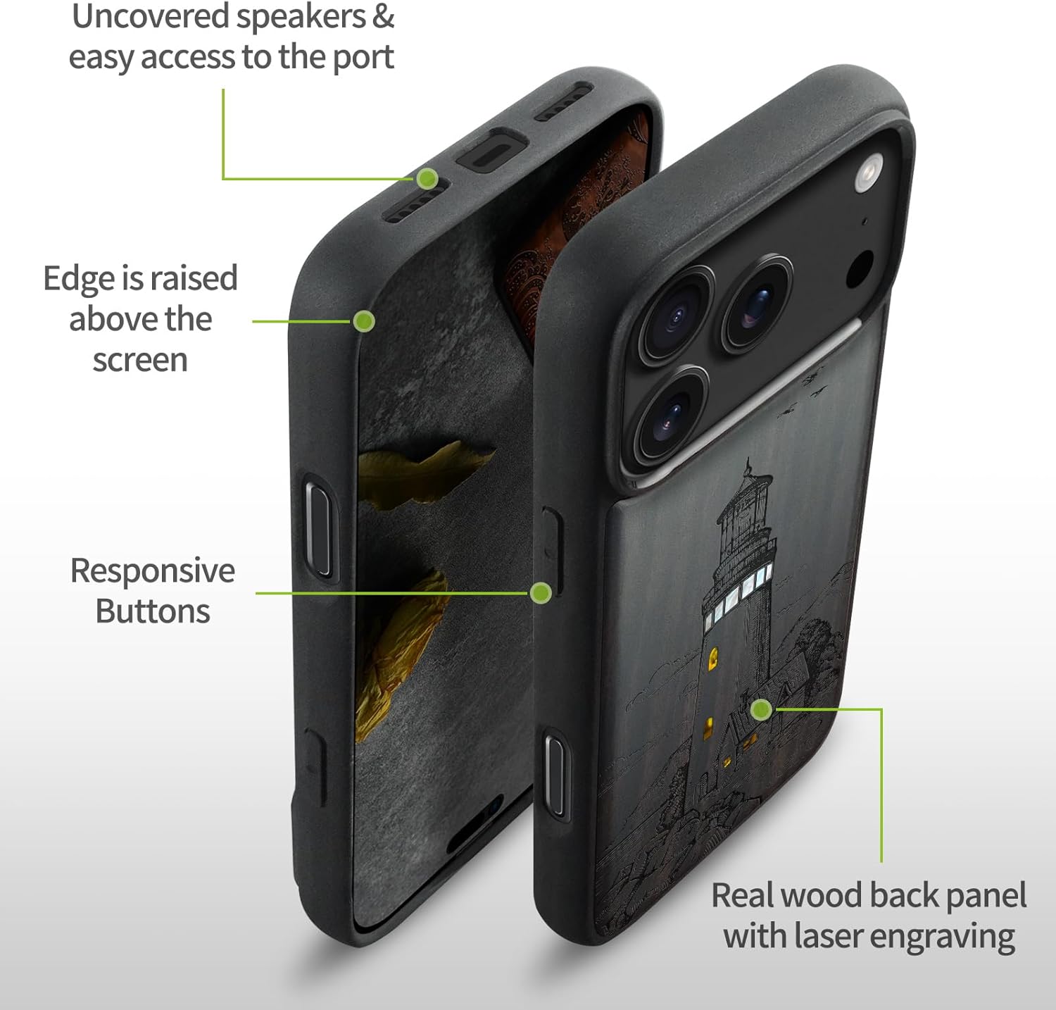 Carveit Magnetic Case for iPhone 17 Pro Case, Wood Artisan Engraved & Handmade Shell Inlaid, TPU Shockproof Cover, Compatible with MagSafe Wireless Chargers (A Flashing Lighthouse-Blackwood)