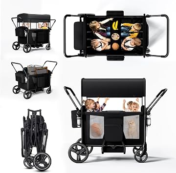 Wagon Stroller for 4 Kids, Luxury 4 Seater All-Terrain Baby Tandem | Push&Pull Foldable Stroller with 5-Point Harness, Adjustable Canopy & Snack Tray for Toddlers Beach Park Outdoor
