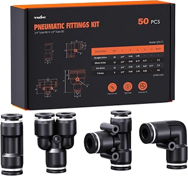 1/4" OD Push to Connect Fittings Kits 50PCS Air Line Connectors with Tee, Straight, Elbow, Splitters, Quick Connect Pneumatic Fittings, Push Lock Air Hose Fittings for Compressor, Air Tools & Tubing