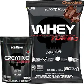 Kit Whey Protein Turbo + Creatina Monohidratada 150g - Black Skull - Ganho de Massa Muscular - Força (Chocolate)
