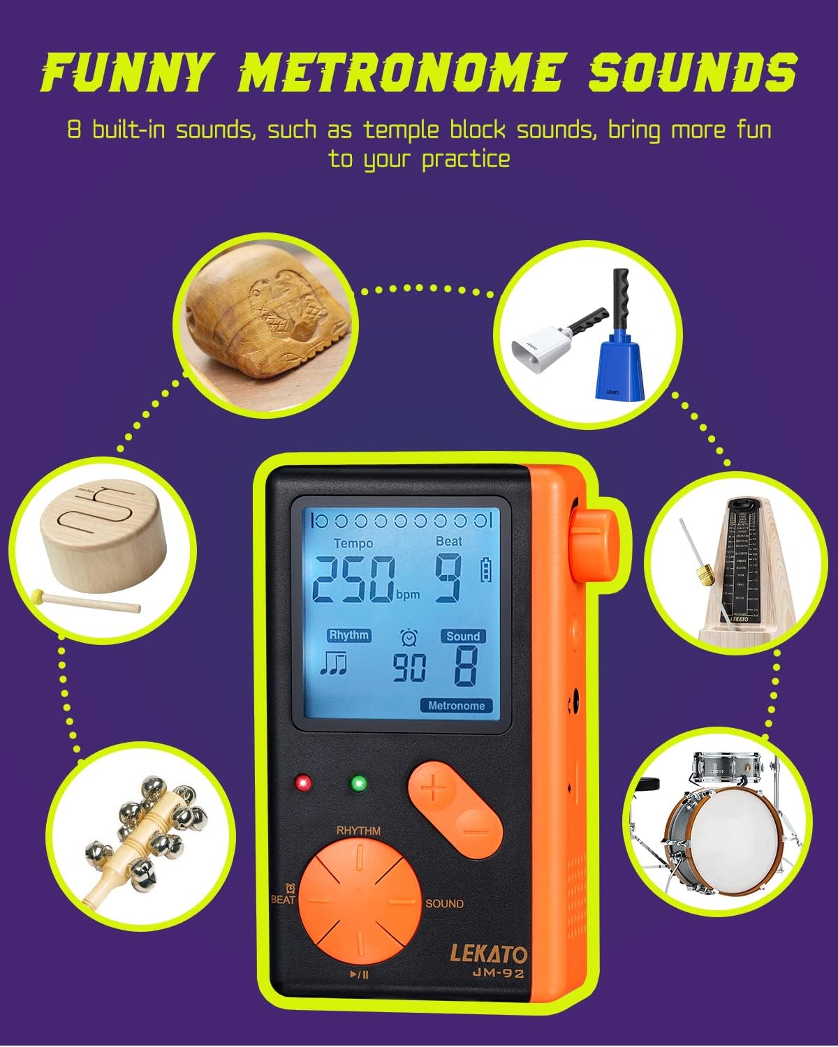 Electronic Digital Metronome for Piano Guitar Drum Ukulele Practice, Metronome with Timer, 8 Beat Tones, Tone Generator for All Instruments, Black Orange, by LEKATO