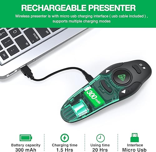 Vista 5 de Presentación recargable Clicker Presentador inalámbrico Control remoto USB PowerPoint PPT Clicker, puntero láser verde RF 2.4GHz Presentador remoto
