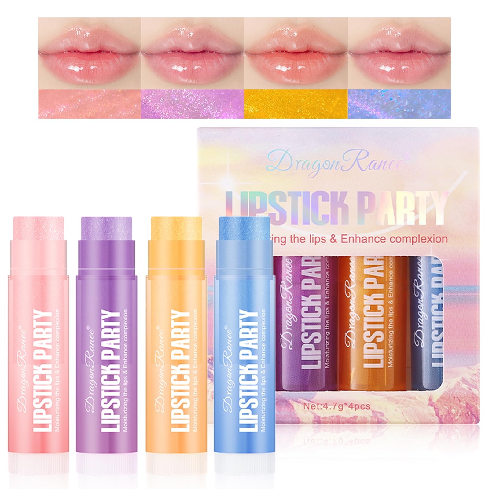 4 Colors Crystal Jelly Glaze Lip Gloss Set, Hydrating Lip Plumper Gloss Lip Stain Long Lasting Lip Balm, Vegan & Cruelty-Free