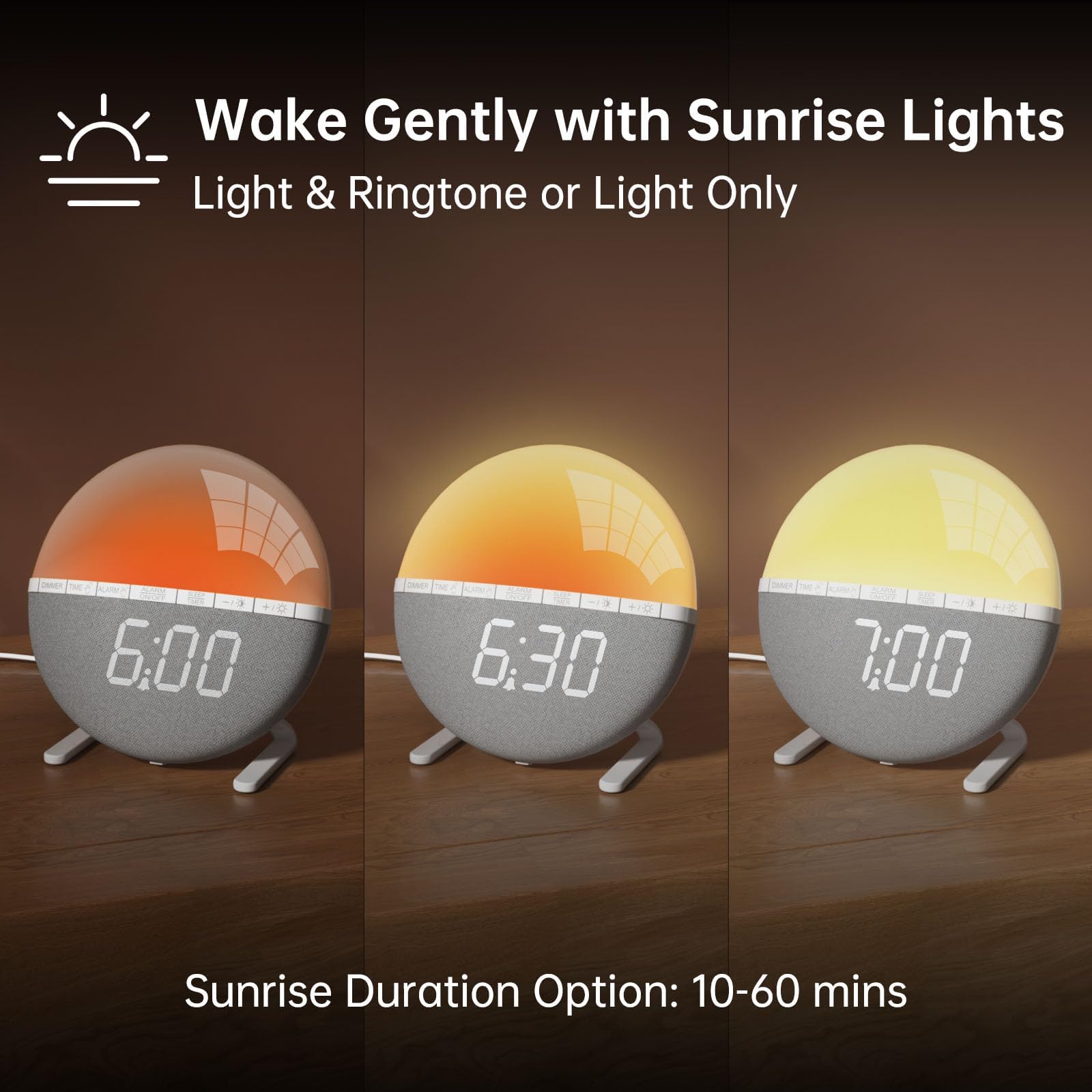Réveil Lumineux avec Simulation du Lever du Soleil, Lampe de Réveil avec Snooze, 7 Sonneries, Veilleuse 9 Couleurs