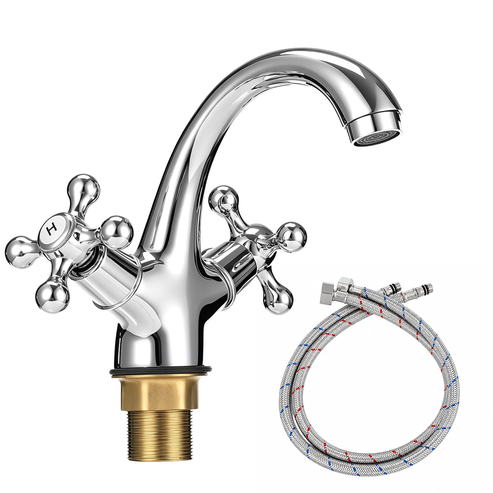 Bathroom Taps Mixer - 5.9 in Height Silver Polished Chrome Bathroom Sink Tap, Adjustable Hot & Cold Dual Lever Bathroom Faucet with 23.6 in Hoses for Single Hole Basin