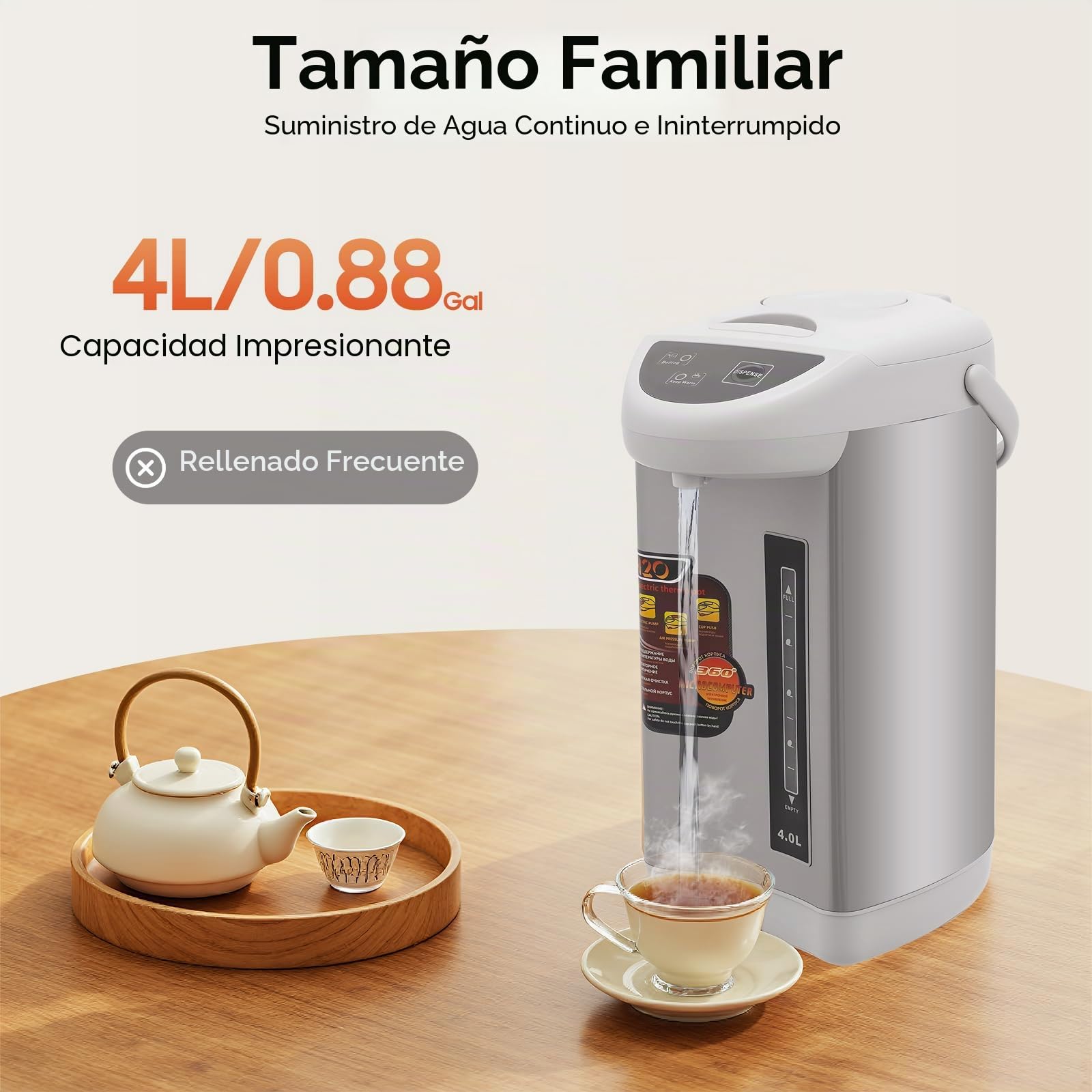 Dispensador de agua caliente Thermopot 4 litros tanque de agua de acero inoxidable hervidor de agua con función de conservación del calor, dispensador termo (gris)