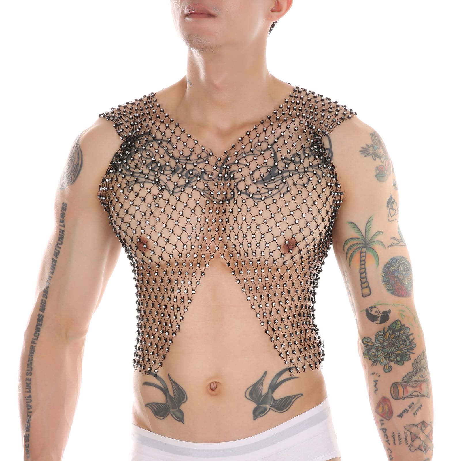 RUIXIA Débardeurs en Résille avec Strass pour Hommes Gilet Sexy et Pailletée Homme Haut sans Manches en Résille Débardeurs Col V Transparent pour Soirée Club
