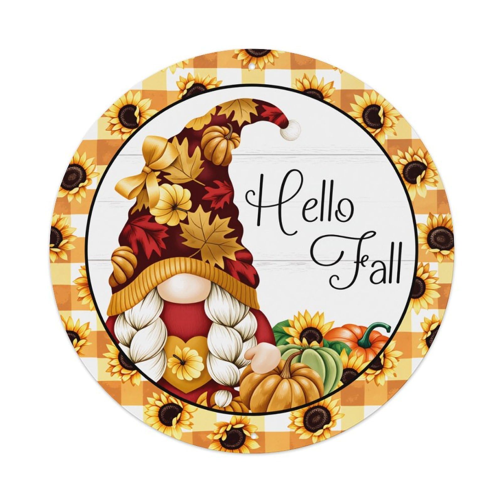 Gnome Autumn Leaves Pumpkins Sunflowers Round Tin Sign Vintage Metal Poster Retro Bar, Home, Man Cave, Kitchen, Laundry Room Wall Art Decor Gift 8x8Inch