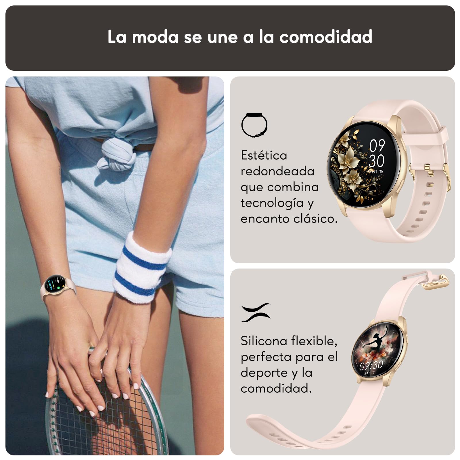 AcclaFit Reloj Inteligente Hombre Mujer con Llamadas Bluetooth, Smartwatch Esfera Redonda 1,38" con 147+ Modos Deportivos, Pulsómetro, Monitor de Sueño, IP68 Impermeable, Compatible con Android iOS — view 2