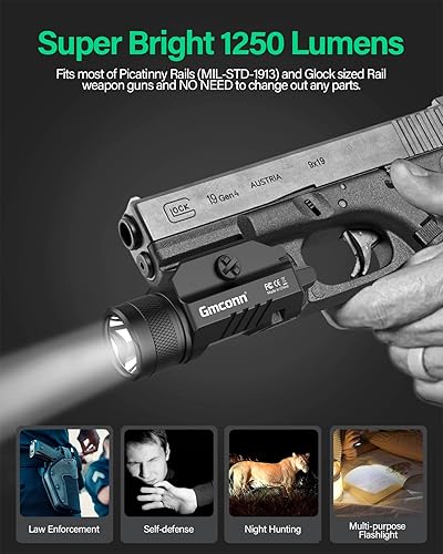 Miniatura 2 de Gmconn Linterna Táctica de 1250 Lúmenes con Luz LED Montada en Riel para Pistola con Función Estroboscópica Weaponlight para Pistola Glock y