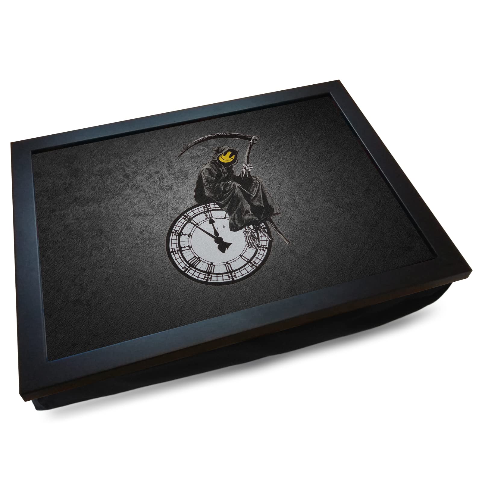 Mooki Black Deluxe Cushioned Lap Tray | Banksy 'Grin Reaper' | Wooden Frame | Bean Bag Cushion Base | #Bm