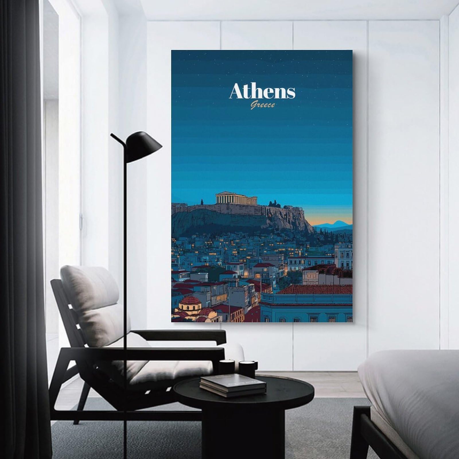 Junmoney Wall Art Print Athens Cityscape at Night, 08x12inch(20x30cm), for Study, Office Or Focused Interiors, Decorative Artwork for Productive Spaces