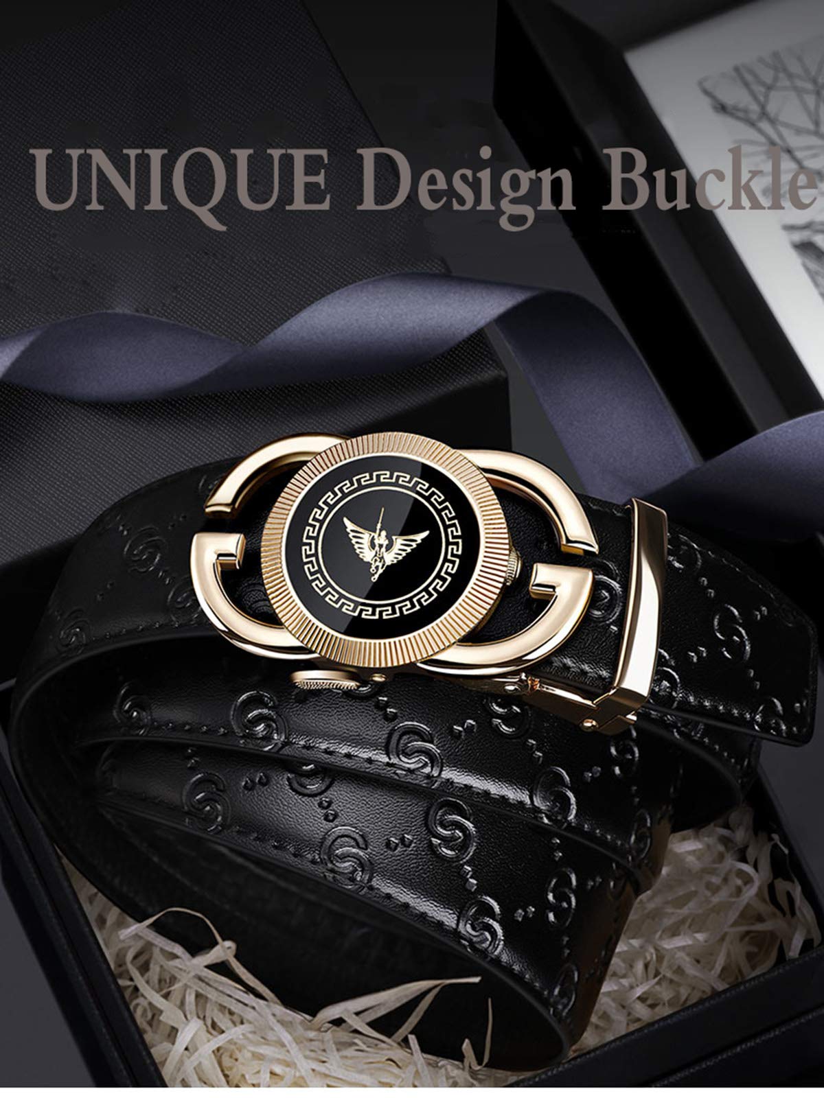 Cinturones de trinquete de cuero para hombre, hebilla automática con caja de cinturón, regalo para hombres, dorado (02-Gold) 5